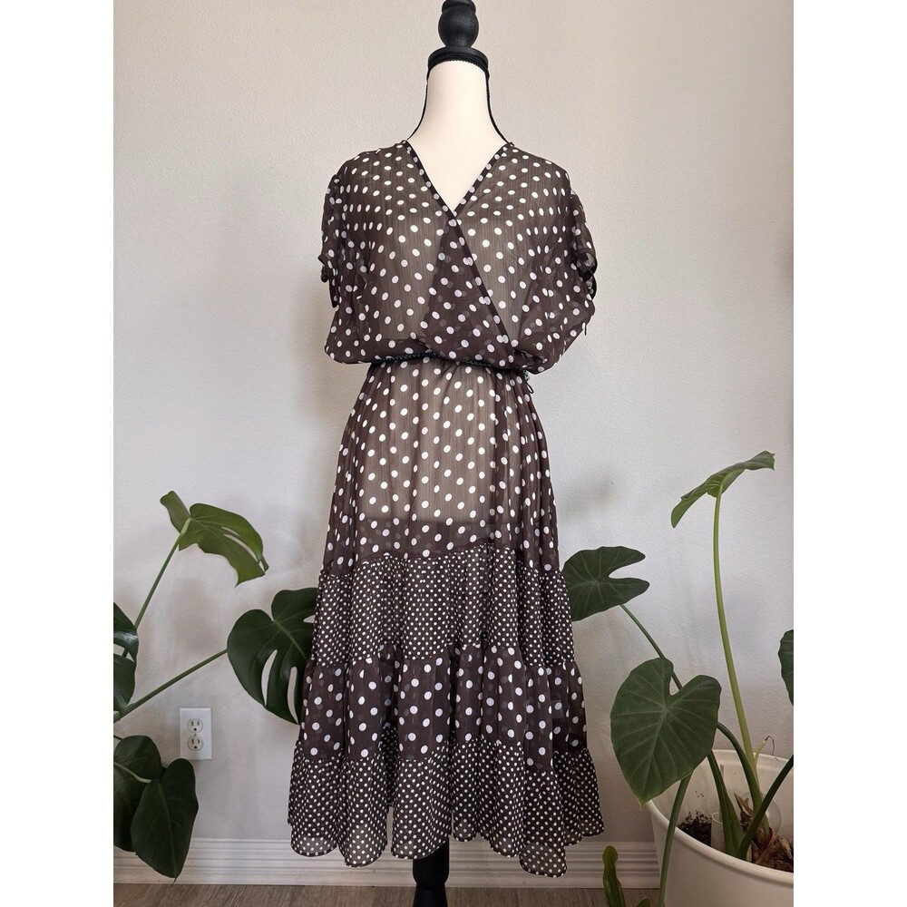 Dressbarn Brown White Polka Dot Tiered Midi Dress Size 14 Sheer Retro Y2K
